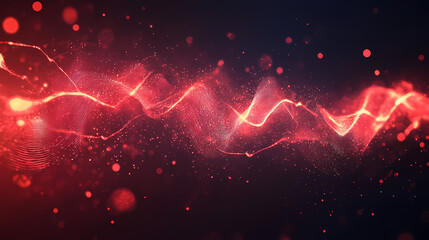 Wall Mural - Red sound waves with neon bokeh effects create a futuristic, abstract wallpaper with a dark background, representing data connections and sonic patterns. Sonic Glow. Illustration