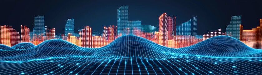 Futuristic city skyline with network background. Data visualisation for business and technology concepts