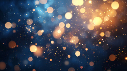 Wall Mural - Glowing particles floating in a dark blue background with golden bokeh lights, cosmic dust theme, abstract magic. Floating Lights. Illustration