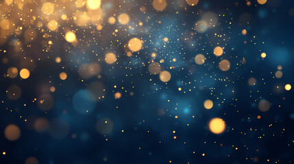 Wall Mural - Glowing particles floating in a dark blue background with golden bokeh lights, cosmic dust theme, abstract magic. Floating Lights. Illustration