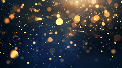 Wall Mural - Glowing particles floating in a dark blue background with golden bokeh lights, cosmic dust theme, abstract magic. Floating Lights. Illustration