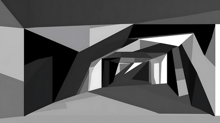 Abstract corridor with geometric shapes and grayscale