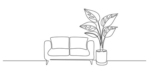 Aufkleber - Sofa with home plant in continuous one line drawing. Modern room and home furniture in simple Linear style. Editable stroke. Doodle oneline vector illustration