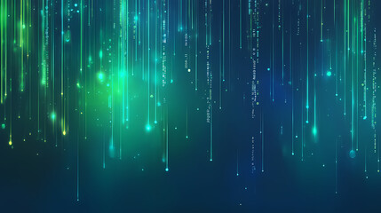 Wall Mural - Abstract tech background featuring overlapping layers of transparent blue and green data grids with floating geometric shapes and binary code. cyber tech wallpaper. Floating Lights. Illustration