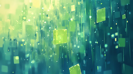 Wall Mural - Abstract tech background featuring overlapping layers of transparent blue and green data grids with floating geometric shapes and binary code. cyber tech wallpaper. Floating Lights. Illustration