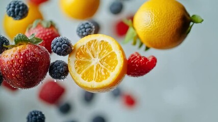 Poster - Colorful fruits including strawberries, lemons, and blackberries are floating in mid-air, creating a vibrant composition filled with water droplets.