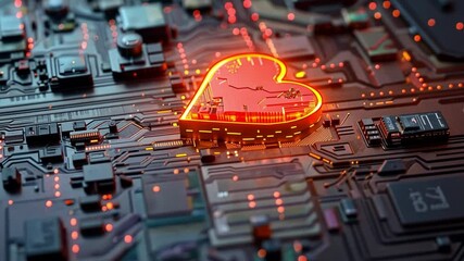 Poster - Bright lights illuminate a heart-shaped symbol intricately carved into a circuit board, representing the fusion of technology and emotion.