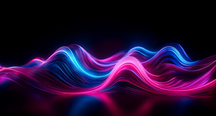 Wall Mural - abstract waves of vibrant neon lights in blue and pink cascade across a dark backdrop, creating a dy