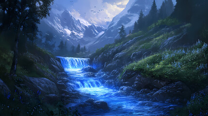 Wall Mural - A mountain stream exhibits blue luminescence at dusk, surrounded by lush greenery and distant peaks, creating a serene and magical atmosphere. Serene Luminescence. Illustration