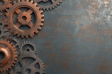 Poster - Industrial background features large gear patterns in gray and rust tones, blending robust mechanics with a metallic gradient for design applications