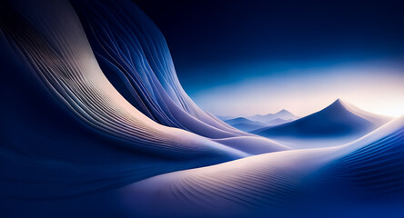 Wall Mural - serene abstract landscape with flowing blue and white waves in foreground, leading to mountain peaks
