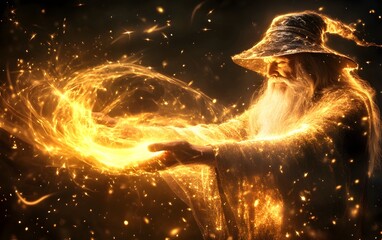 Wall Mural - a wizard holding a staff, casting a powerful spell with sparks of magic flying in every direction