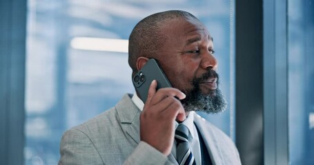 Poster - Mature, black man and window with phone call for discussion, corporate proposal or improvement. Executive, male person or African CEO talking with mobile smartphone for business deal or negotiation