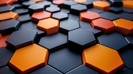 Wall Mural - A 3D rendering showcases a mesmerizing background pattern composed of vibrant black, blue, and orange hexagons, each with a glossy finish that catches the light and creates a dynamic visual effect.