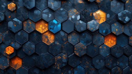 Wall Mural - A 3D rendering showcases a mesmerizing background pattern composed of vibrant black, blue, and orange hexagons, each with a glossy finish that catches the light and creates a dynamic visual effect.