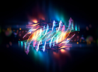Wall Mural - abstract symmetrical design featuring bright, glowing arrows facing opposite ways, set against a dar
