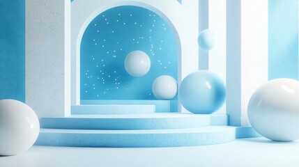 Wall Mural - A futuristic geometric backdrop, featuring a meticulously rendered, textured 3D wall in vibrant shades of light blue and white, crafted by an AI. This visually striking design would elevate any