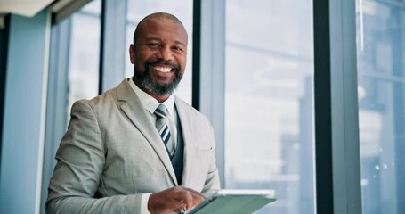 Poster - Tablet, research and face of mature businessman by window in office reading stock market development for investment. Technology, portrait and male financial manager with email for finance proposal.
