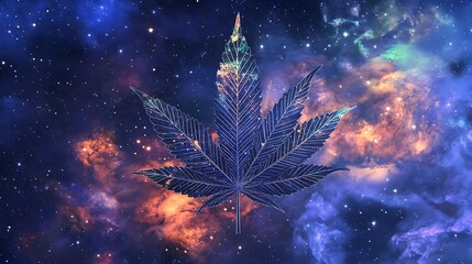 A stylized cannabis leaf is set against a cosmic background