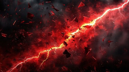Aufkleber - Dramatic abstract representation of a stormy sky with intense red and black colors illustrating lightning and shattered glass fragments