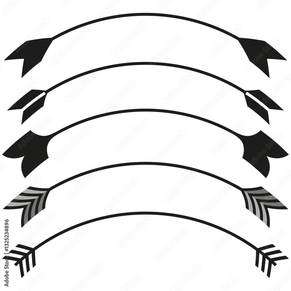 Curved arrow icons. Black vector symbols. Decorative line shapes. White ...