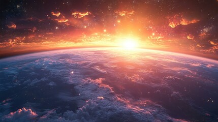 Wall Mural - A tranquil glimpse of dawn from space, showcasing a vibrant horizon and soft clouds, captures the beauty of Earth.