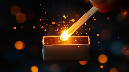 Wall Mural - a lit matchstick ignites, sparks flying above a matchbox against a bokeh background.