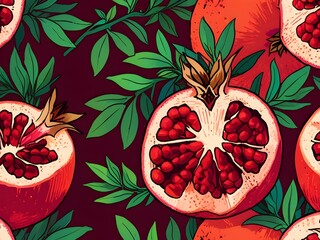 Wall Mural -  Vibrant Pomegranate Illustration with Green Foliage