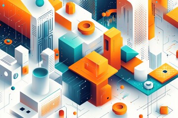 Wall Mural - isometric representation abstract technological landscape data processing and connectivity illustrat