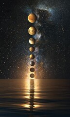 Wall Mural - Celestial alignment of planets reflected in tranquil waters under a starry night sky