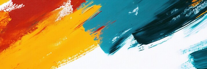 Fototapete - Bold abstract background featuring vibrant paint strokes in teal, yellow, and red, with a designated white space for text inclusion
