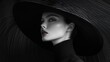 © harryaishi - Elegant woman in large black hat, monochrome portrait.