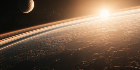 Wall Mural - sunrise illuminating planet surface with moon and rings