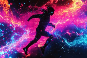 Aufkleber - Explosive neon splashes create a dynamic running silhouette in a cyberpunk atmosphere at dusk