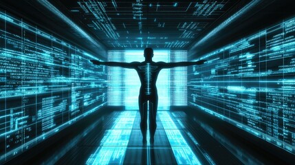 Silhouette stands in tunnel of glowing digital code. Technology concept for business, education