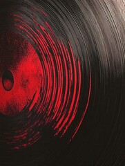 Fototapete - Vinyl record texture with soundwave ripples in black and red creating a retro-modern rhythmic style