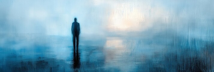 Aufkleber - Melancholic reflections of a lonely figure under soft blue hues and rain on the window during a quiet moment of solitude