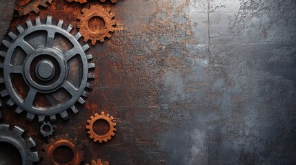 Poster - Industrial backdrop featuring gear patterns and metallic textures in gray and rust tones for design applications
