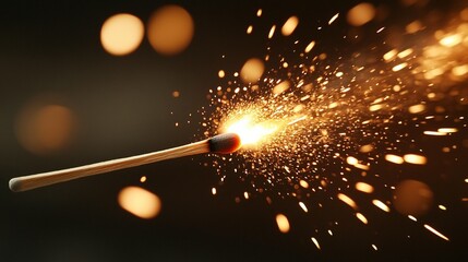 Wall Mural - lit matchstick with bright sparks and bokeh lights on dark background.