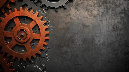 Poster - Industrial gears in gray and rust tones create a robust mechanical backdrop with a metallic gradient for text display