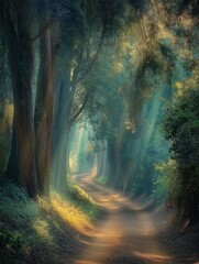 Poster - Forest path winding into sunlight among tall trees, inviting exploration and solitude in a tranquil natural setting