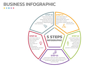 Poster - Visual data presentation. Cycle diagram with 5 options. Pie Chart Circle thin line infographic template with 5 steps, options, parts, segments. Business concept. Marketing infographic outline style.