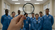 © ameena - hand holding a magnifying glass brings attention to a group of people in blue uniforms, set in a well-lit and spacious room.symbol, goggles, text