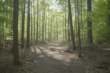 Poster - Forest path leading towards sunlight beams in a serene wooded area, inviting exploration into nature’s beauty