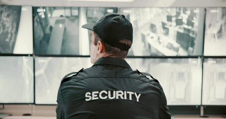 Poster - Back, security guard and man with inspection, video surveillance and pc with safety service. Person, employee and cctv in workplace, uniform or control room with camera, screen monitor and footage