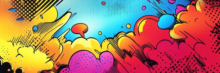 Aufkleber - Vibrant comic book background featuring dynamic action lines and colorful halftone patterns with speech bubbles and explosive effects