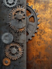 Poster - Robust industrial background featuring gear patterns in gray and rust tones with a metallic gradient for text placement
