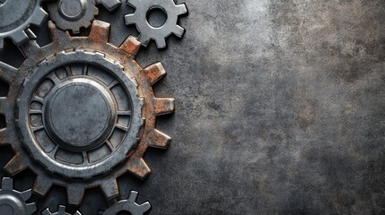 Poster - Industrial backdrop featuring robust gear patterns in gray and rust tones with a metallic gradient for text overlay