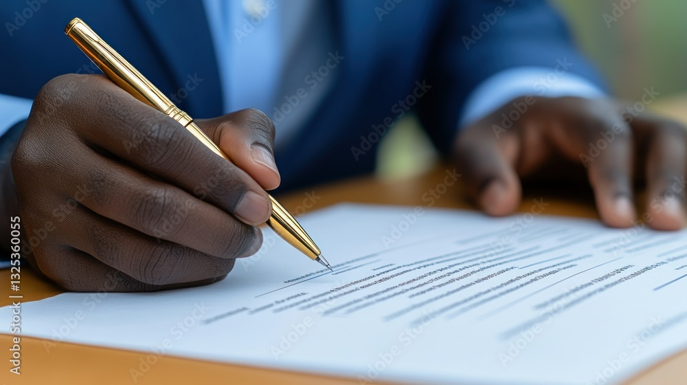 Dark hand holding golden pen signing a document, wearing blue suit ...