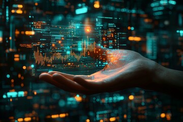 Wall Mural - a hand holding digital data with a futuristic background glow